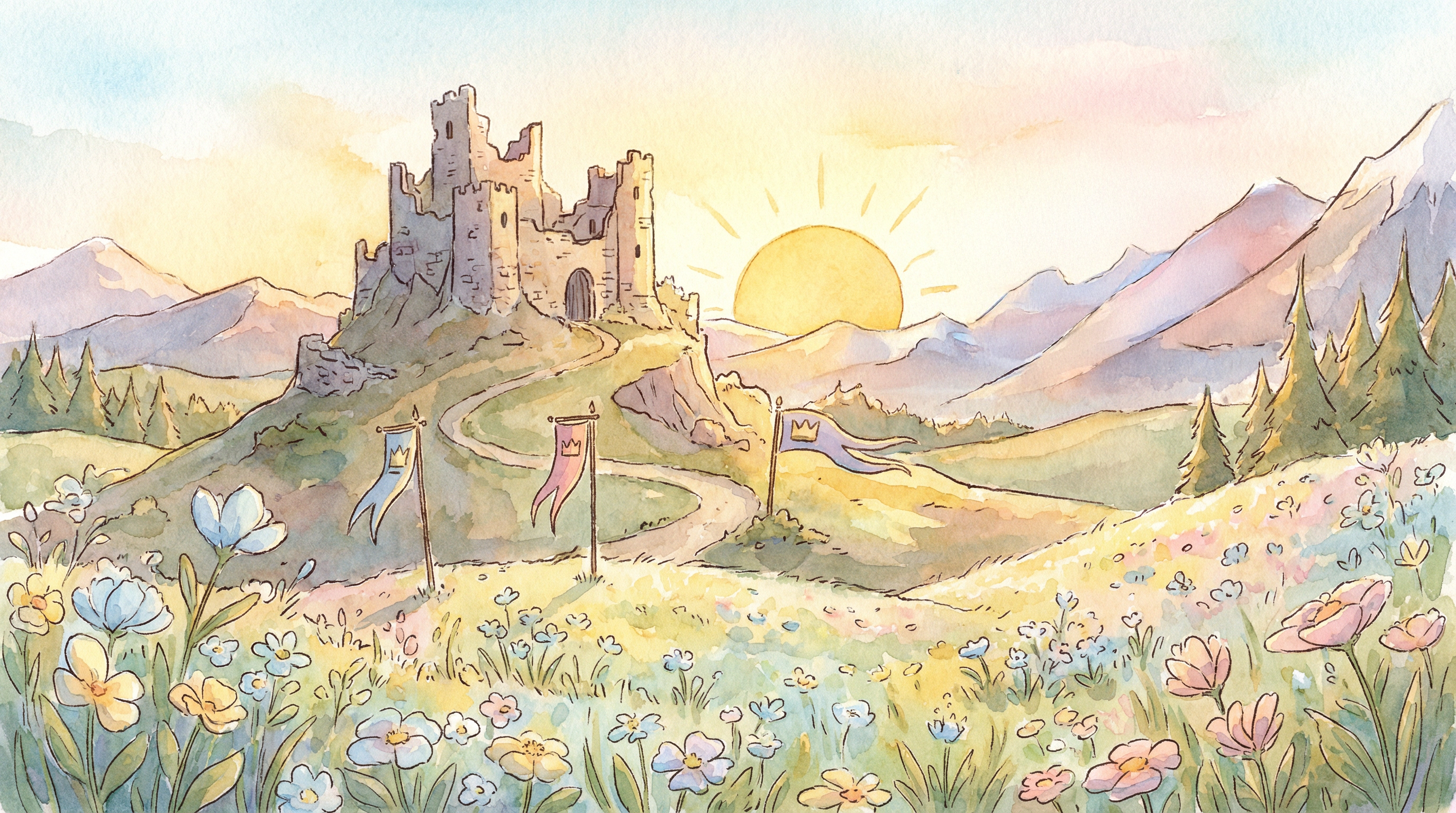 드래곤 산맥 너머 폐허 요새와 두 개의 태양이 떠오르는 판타지 풍경