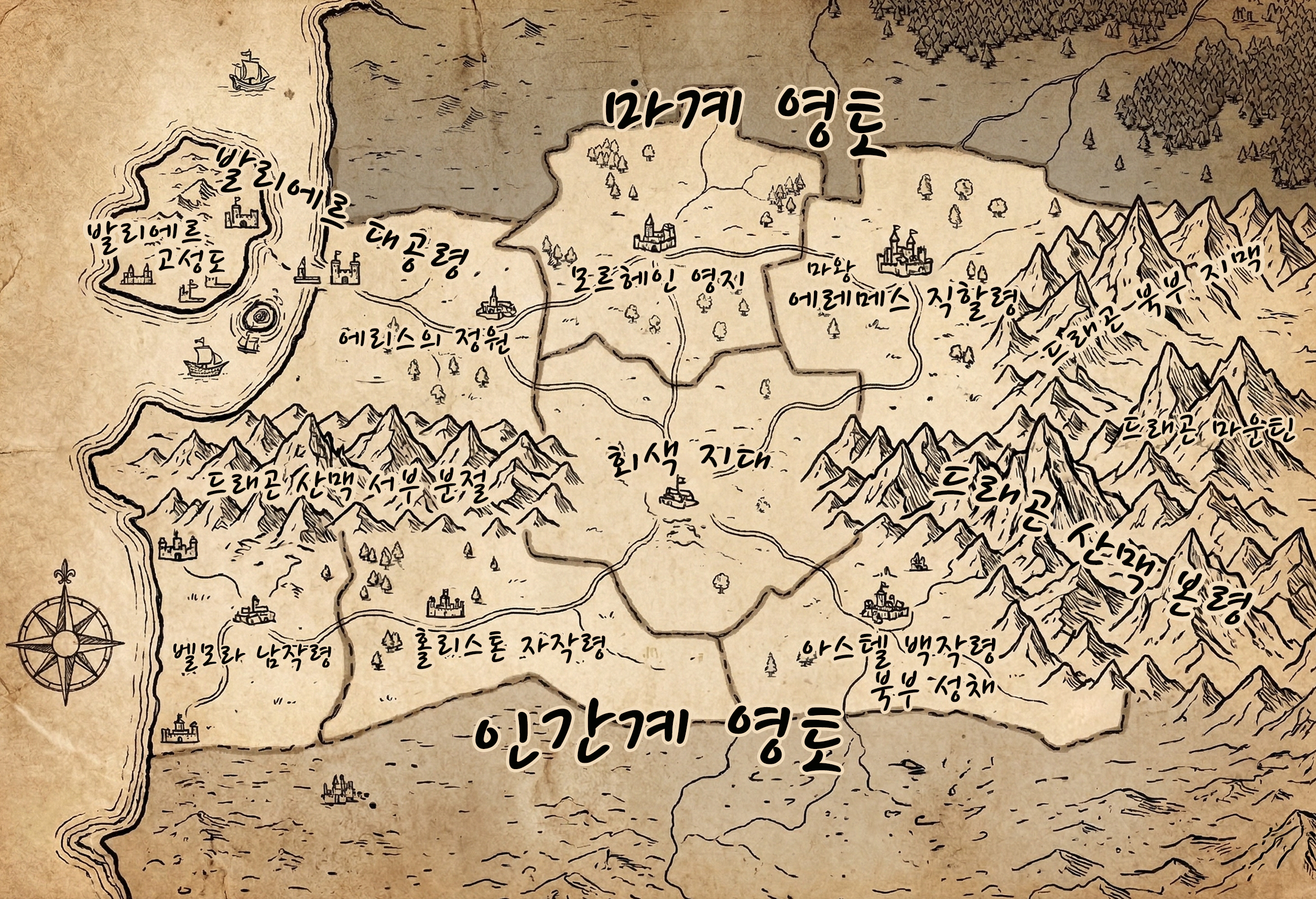 크로비아 대륙 지도 — 마계, 인간계, 회색지대